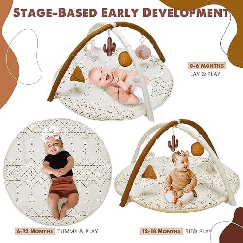 Baby Play Mat, Macrame Activity Gym Stage-Based Sensory and Motor Skill Development Language Discovery Baby Play Gym and Playmats for Newborn with 6 Featured Toys Thicker and Non Slip Mat - Macrame thumbnail 4