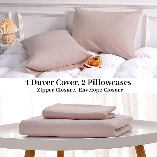 NEXHOME PRO Duvet Cover Set 100% Washed Cotton Full Size Linen Feel Textured Organic Natural 3 Pieces Bedding Set Greyish Light Pink with Zipper Closure and Corner Ties, Breathable(No Comforter) thumbnail 9