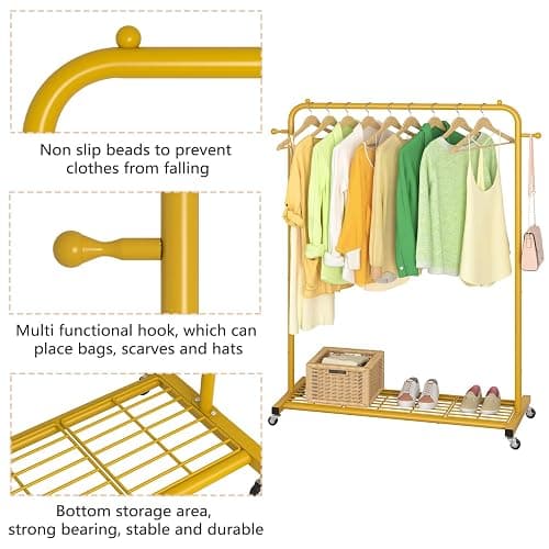 Sywhitta Clothes Rack on wheels, Clothing Rack with Bottom Mesh Storage Shelf,Sturdy Metal Frame,Rolling Garment Rack for Hanging Clothes,Coats,Skirts,39.76" L x 16" W x 64.56" H,Golden thumbnail 6