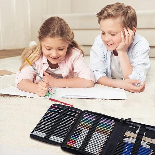 Prina 76 Pack Drawing Set Sketching Kit, Pro Art Supplies with 3-Color Sketchbook, Include Tutorial, Colored, Graphite, Charcoal, Watercolor & Metallic Pencil, for Artists Adults Teens Beginner thumbnail 2