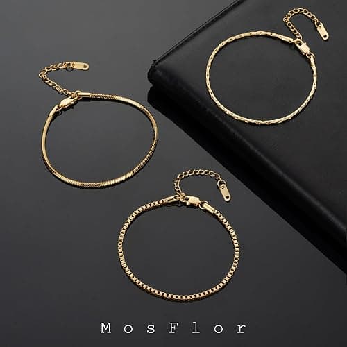 Gold Chain Bracelet for Women Men Trendy - 14K Gold Plated Bracelet Dainty Gold Snake Link Bracelet Stack Simple Jewelry Chain Set Adjustable Bracelet Accessories for Dad Husband 3 Pcs thumbnail 6