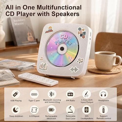 Gueray Portable CD Player Bluetooth: CD Players for Home Rechargeable Desktop Wall Portable CD Player with Bluetooth & Dual Speakers 1800mAh Boombox FM Radio USB Type-C MP3 Music Player thumbnail 8