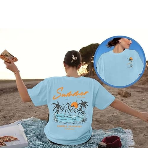 KEEVICI Beach California T Shirts Oversized Beachy Graphic Tees for Women Vintage Shirts Baggy Summer Cotton Vacation Tops thumbnail 3