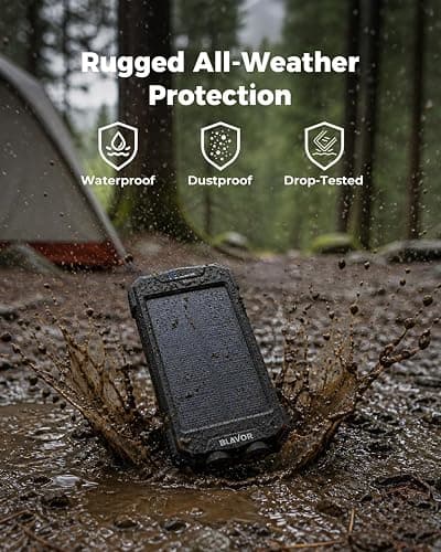 BLAVOR Solar Power Bank 10,000mAh Portable Wireless Charger for Cell Phones | 20W USB-C battery pack, battery bank, IPX5 waterproof, 2 flashlights, camping essentials, hiking gear, emergency solar backup thumbnail 5