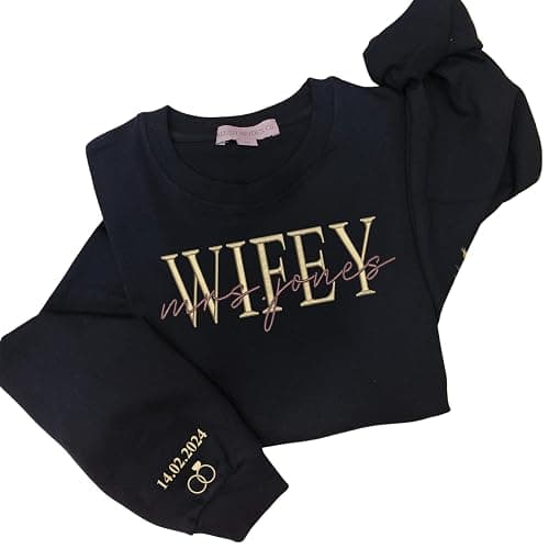 Embroidered Sweatshirt, 100% Cotton Wifey Sweatshirt, Wedding Gift, Gift for Bride, Bridal Shower Gift, Newlywed Honeymoon Present Black thumbnail 2