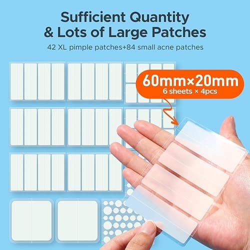 TKTK Large Pimple Patches for Face, 7 Sizes XL Acne Patches, Big Hydrocolloid Bandages for Body, Chin, Forehead, Chest, Back Zit Breakouts, Hydrocolloid Patch (Strip, Square, Dot 126 Count) thumbnail 2
