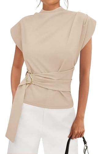 PRETTYGARDEN Women Blouses Summer Business Casual Tops | Fall Dressy Cap Sleeve Mock Neck Work Shirts,Casual Buckle Belted Tunic Top,Spring Back Zipper Formal Office Blouse - Image 1