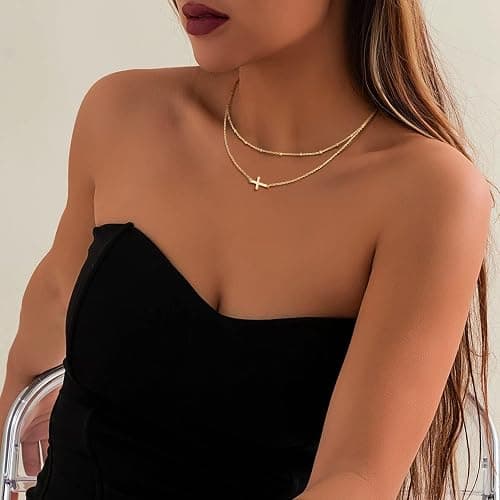 Modernplus Gold Layered Necklaces for Women, Dainty Layering Chain Necklace Stackable Pendant Choker Necklaces Trendy Jewelry Gifts - 2 Layer-cross thumbnail 6