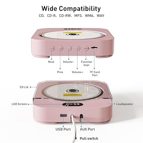 Kpop Pink CD Player Desktop/Wall,Wired Vertical Cute CD Players for Home, Bluetooth Speakers/FM Radio with IR Remote Control,CD Music Timer Alarm Clock with LED Display,Support CD/USB/TF/AUX/Copy - Pink thumbnail 6