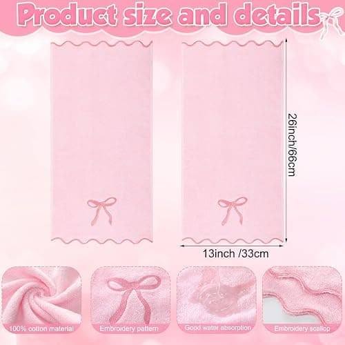 Fanfanwin 2 Pcs Pink Bow Scalloped Hand Towels for Bathroom 26 x 13 Inch Soft Embroidery Cute Coquette Bath Towels Fingertip 100% Cotton Soft Absorbent Boho Bath Decor for Kitchen Bathroom thumbnail 3