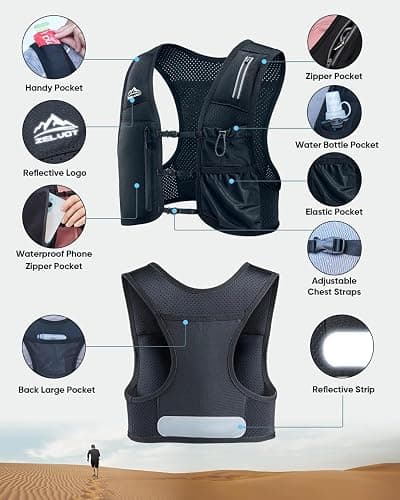 Zelvot Running Vest for Women Men, USA Original Patent, Adjustable Chest Straps Running Hydration Vest with 500ml Soft Flask and Phone Holder, Lightweight Reflective Hydration Backpack for Hiking thumbnail 5