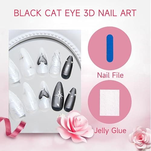 GlamRays 24 Stück Schwarze Katzenaugen Mandel-Falschnägel mit 3D-Kristall-Design, 3D-Nagelkunst, Aufkleber-Nägel,Luxus Wiederverwendbare Falschnägel thumbnail 5