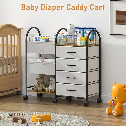ONWAYHOME Baby Diaper Caddy Organizer Cart with Wheels, 4-Tier Rolling Diaper Cart with Dividers and Drawers, Multi-Layer Nursery Storage for Diapers & Baby Essentials thumbnail 4