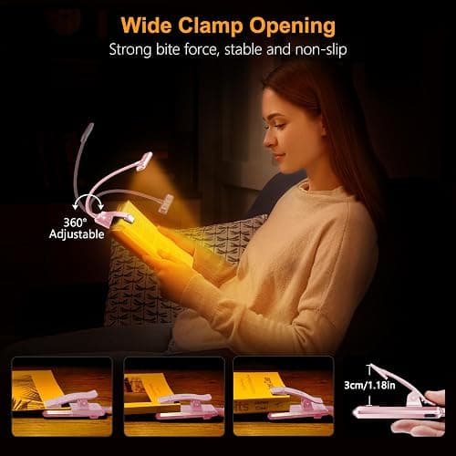 Gritin 19 LED Rechargeable Book Light for Reading in Bed with Memory Function- Eye Caring 3 Color Temperatures,Stepless Dimming Brightness,90 Hrs Runtime Clip on Light for Book Lovers-Pink thumbnail 7