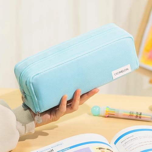 CICIMELON Pencil Case Large Capacity Pencil Pouch 3 Compartments Pencil Bag Gift for Students Girls Adults Women (Light Blue) thumbnail 3