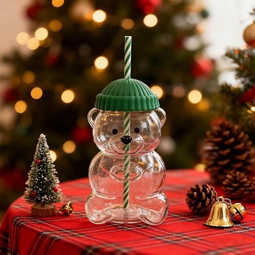 2025 New Bear Straw Cup, Cute Bears Glass Cup with Straw, 20oz Reusable Glass Tumbler with Lid for Iced Coffee, Milk Tea, and Cocktails, Dishwasher Safe (green) thumbnail 7