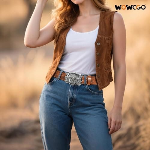 WOWOGO 2 Pack Western Cowboy Belts for Men Women Cowgirl Country Floral Engraved Pu Leather Belt with Longhorn Bull Buckle thumbnail 3