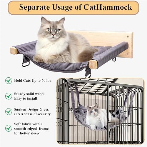 JSPYFITS Wooden Cat Wall Hammock, 18.9 x 12.6 Inch Double Layer Cat Furniture Hammock, Large Removable Multi-Function Cats Bed for Sleep/Play/Climb/Lounge Easy DIY Installation(Grey) thumbnail 6