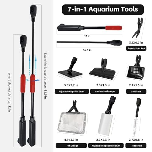 Aquarium Cleaning Tools, 7 in 1 Fish Tank Cleaning Kit with Adjustable Long Handle,Aquarium Sponge Brush, Scraper Cleaner,Fish Net,Tube Brush,Fork,Gravel Rake for Fish Tank Cleaner thumbnail 4