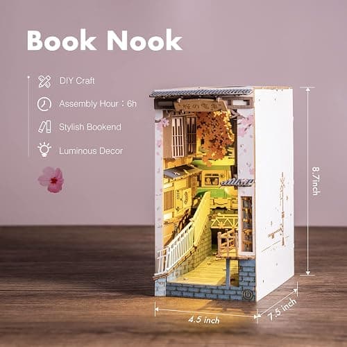 ROBOTIME DIY Book Nook Kit DIY Miniature Dollhouse Booknook Kit 3D Wooden Puzzle with LED Light,Decorative Bookend Bookshelf Insert Decor for Teens and Adults (Sakura Tram) thumbnail 3