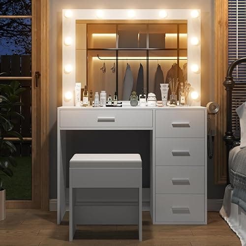 Vanity Desk with Power Outlet, Makeup Vanity with Lighted Mirror, 3 Colors Adjustable, 5 Drawers Vanity with Chair, Vanity Set for Bedroom, Dressing Room, White, 37'' thumbnail 7