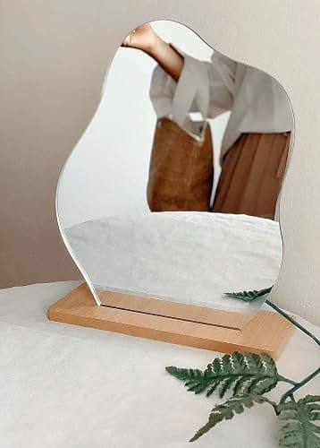 G.Dori Irregular Aesthetic Vanity Mirror Frameless, Decorative Desk Tabletop Acrylic Mirrors with Wooden Stand for Living Room, Bedroom, Office and Minimal Spaces Home Decor - Cloud Shape thumbnail 3