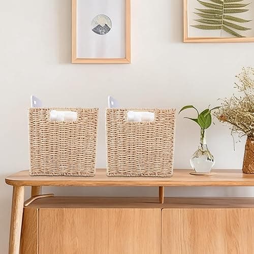 YAHUAN Foldable Paper Rope Storage Cubes 9X9 Hand Woven Wicker Storage Bins Square Basket Storage Baskets for Shelves (Paper rope 2-pack) thumbnail 2