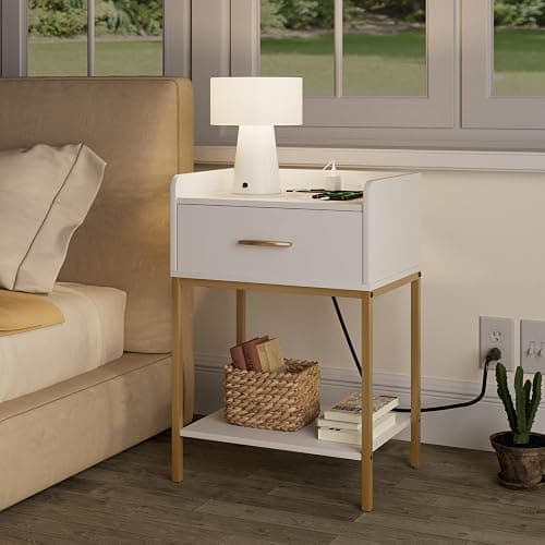 Masupu Nightstand with Charging Station,3-Tier Modern Bedside Night Stand with Storage Drawer and Shelf,Small End Side Table for Bedroom,Living Room,White thumbnail 7