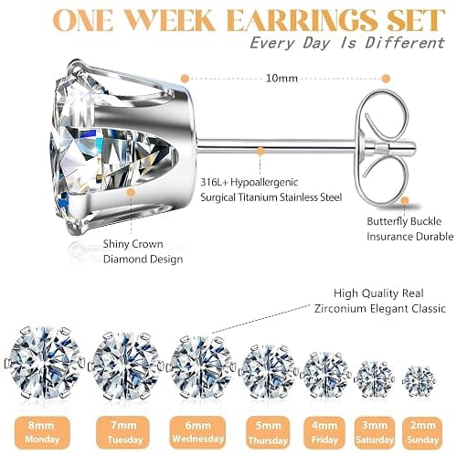 Silver Gold Black Stud Earrings Set 7Pairs Hypoallergenic Cubic Zirconia Titanium Stainless Steel Silver Rose Gold Black CZ Cartilage Stud Earrings Jewelry Sets for Women Men, 2-8mm CZ Stud Earrings thumbnail 2