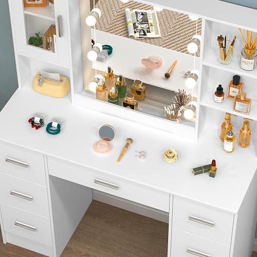 Makeup Vanity with Lights and Mirror, Large Vanity Desk with Drawers Makeup Table with Lighted Mirror, 3 Lighting Colors, Modern Vanity Dressing Table for Bedroom (Sliver Handle -K3U44) thumbnail 6