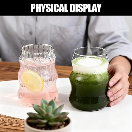 WOJVVK 2PCS 18 Oz Aesthetic Glass Cup, Cute Ribbed Glass Cups with Lids and Straws for Iced Coffee, Matcha Drinking thumbnail 3