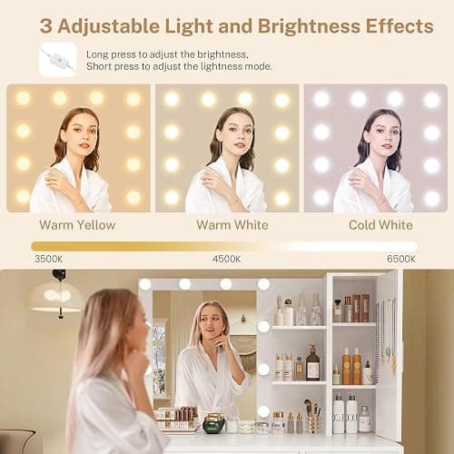 FIONESO Vanity Desk with Mirror and Lights, Makeup Vanity with 4 Drawers, Cabinet & 4 Necklace Hooks, White Vanity with Mirror and 10 LED Lights, Dressing Table for Women, Bedroom, White thumbnail 5
