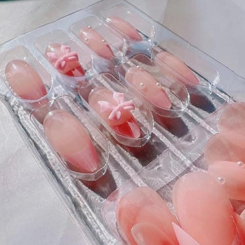 24Pcs French Press on Nails Almond Fake Nails with Bow Pearl Design Pink French Tip False Nails Cute Pink Press on Nail Tips Glossy Artificial Nails Acrylic Stick on Nail for Women Manicure thumbnail 5