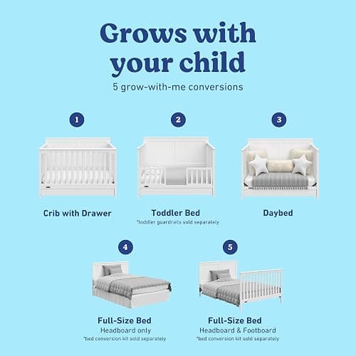 Graco Hadley 5-in-1 Convertible Crib with Drawer – GREENGUARD Gold Certified, Fits Standard Crib Mattress, Converts to Toddler Bed, Daybed and Full Bed, 4 Adjustable Mattress Heights (White) thumbnail 6