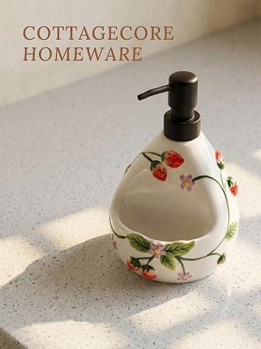 Ceramoira Strawberry Soap Dispenser with Sponge Holder for Countertop, 20oz | Artisanal Handmade, 2-in-1 Cute Lotion Pump, Ceramic Liquid Dispenser & Caddy Combo for Kitchen & Bathroom thumbnail 5