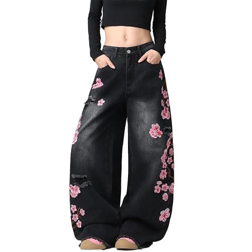 bestshark Baggy Women’s Wide Leg Jeans High Waisted Baggy Denim Pants Loose Fit Y2K Graphic Jeans Black - Image 1