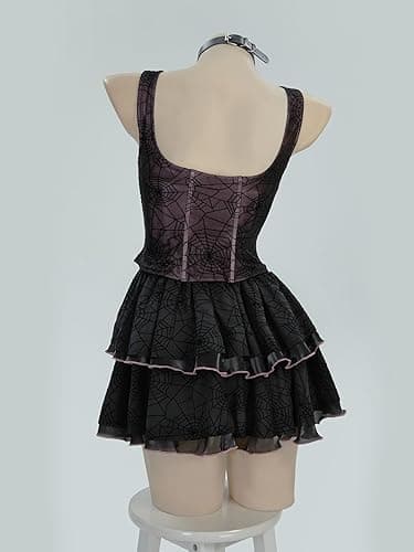 MEOWCOS Women's Gothic Dress A-line Goth Corset Dress Spider Web See-Through Layer Dress - Black and Pink - Medium thumbnail 3