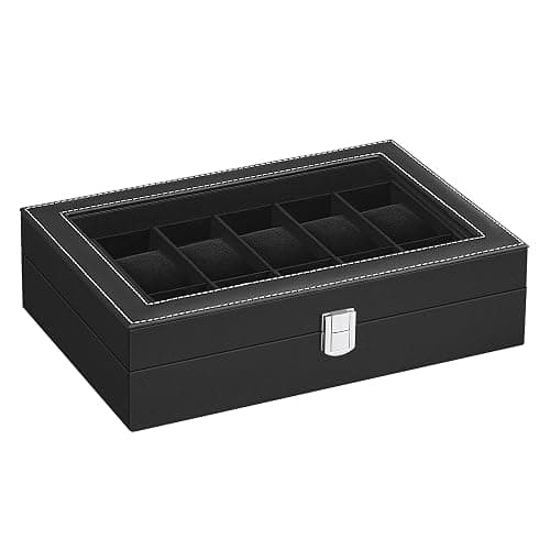 SONGMICS Boîte à Montres, 12 Emplacements, Coffret à Montres, Écrin, Couvercle en Verre, Coussinets Amovibles, Serrure en Métal, Revêtement en Noir et Doublure en Noir JWB12B thumbnail 8
