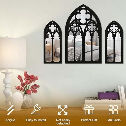 3Pcs Gothic Mirrors Wall Decor, 11.8" Arched Decorative Mirror Wall Mounted Goth Room Decor Vintage Cathedral Window Mirror Indoor Wood Framed Entry Mirror Living Room Bathroom (Model D (3 flowers)) thumbnail 7