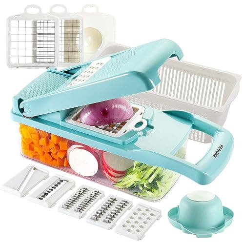 KEOUKE Vegetable Chopper 12in1 Veggie Chopper Slicer Cutter Food Dicer with Container Hand Guard Draining Basket, Blue - Blue - Image 1