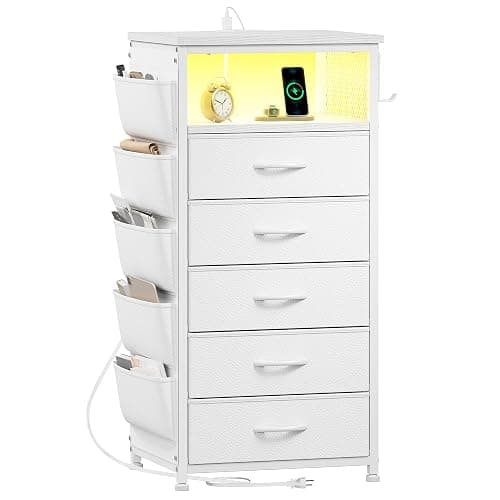 EnHomee Night Stand with 5 Drawers, Tall Nightstand with Charging Station and LED Light, Bedside Table with Extra Side Bag & Hooks, Bedroom, Closet, Hallway, Entryway, White - Image 1
