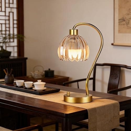 ILLMTW Small Table Lamp Set of 2,Gold Bedside Lamps Dimmable Boho Bedroom Lamp with Glass Tulip Flower Amber Lamp Shade,Vintage Mid Century Modern Mini Nightstand Lamp for Bedroom Living Room thumbnail 8