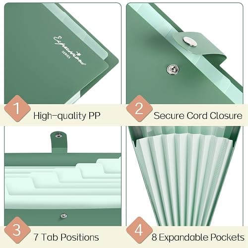 Sooez Elegant Accordion File Organizer, 8 Pocket Expanding File Folders with Labels, Portable Folder for Documents, Cute Paper Organizer for School Office Supplies, Letter Size, Light Green thumbnail 6