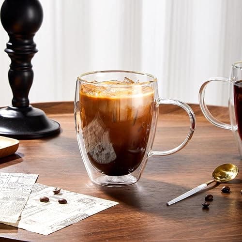 12 Oz Double Walled Glass Coffee Mugs with Handle, Insulated Layer Coffee Cups, Clear Borosilicate Glass Mugs - Gift for Cappuccino,Tea,Latte,Espresso,Hot Beverage,Cold Drinks, Set of 2 thumbnail 2