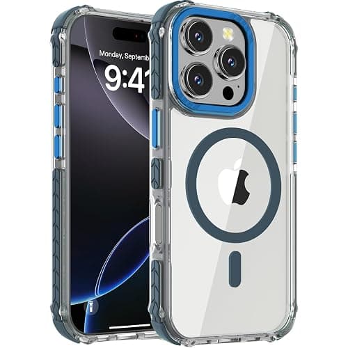 DEERLAMN Strong Magnetic Case for iPhone 16 Pro 6.3-Inch,[Compatible with Magsafe] Clear Slim Shockproof Protective Phone Cover for Women Men-Transparent+Blue - Image 1