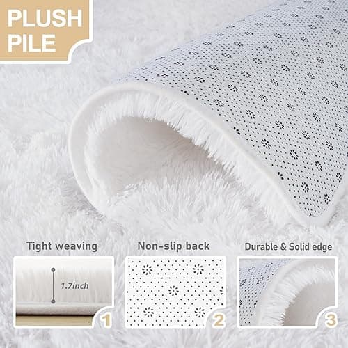 FinRèc Soft White Rugs for Bedroom Living Room, 4x6 Feet Modern Indoor Fuzzy Shaggy Area Rug, Non-Slip Fluffy Furry Rug for Nursery Kids Room Dorm Room Home Decor, High Pile Plush Floor Carpet - 4x6 Feet - White thumbnail 5