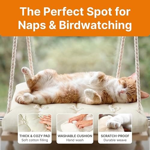 Cat Window Perch with Industrial-Grade Suction Cups - Solid Pine Wood Hammock Bed, Soft Cushion - 42 lb Capacity for Cats Inside thumbnail 4