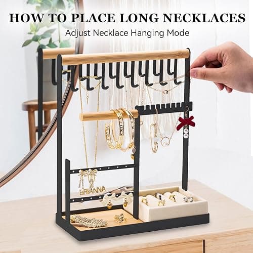 DreamGenius Jewelry Organizer Stand with Velvet Ring Holder, 4 Tier Jewelry Holder Organizer with 15 Hooks for Necklaces and 16 Holes for Earrings, Black thumbnail 8