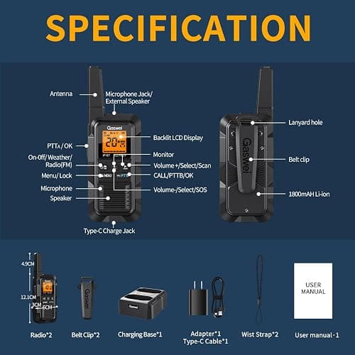 Gaswei G2pro+ IP67 Waterproof Floating Walkie Talkies with Headset, FRS Heavy Duty Walkie Talkie Long Range with Double PTT,FM Radio,VOX,SOS,NOAA Weather, Two Way Radio（2PACK-Black） thumbnail 8