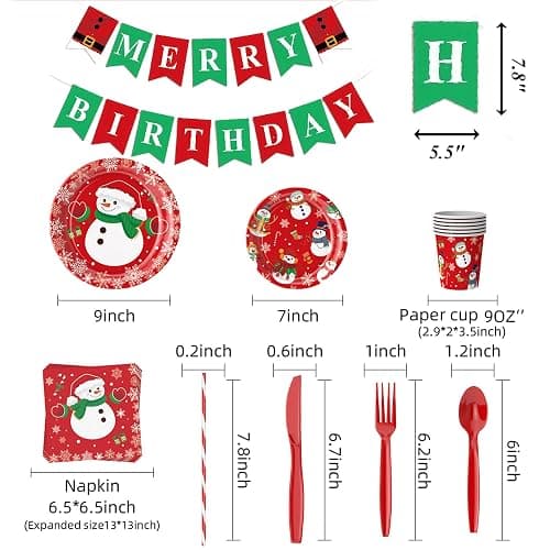 Merry Themed Happy Birthday Party Decorations,Christmas Supplies Plates Napkins, Cups Tableware, Birthday Banner, Cake Topper Snowman Backdrop Tablecloth, Colorful Printed Balloons for Kids and Adults thumbnail 3